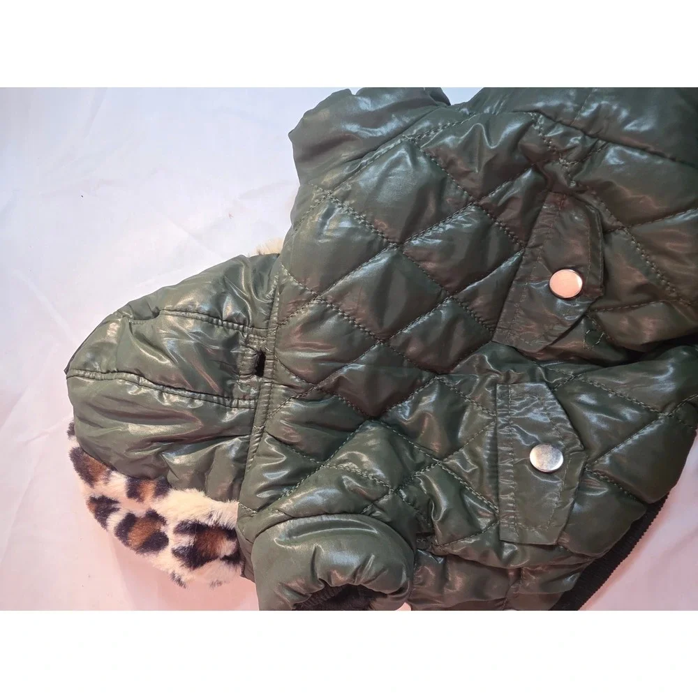 Petsoo Olive Green Quilted Dog Puffer Jacket Leopard Faux Fur Hood Fleece Lined